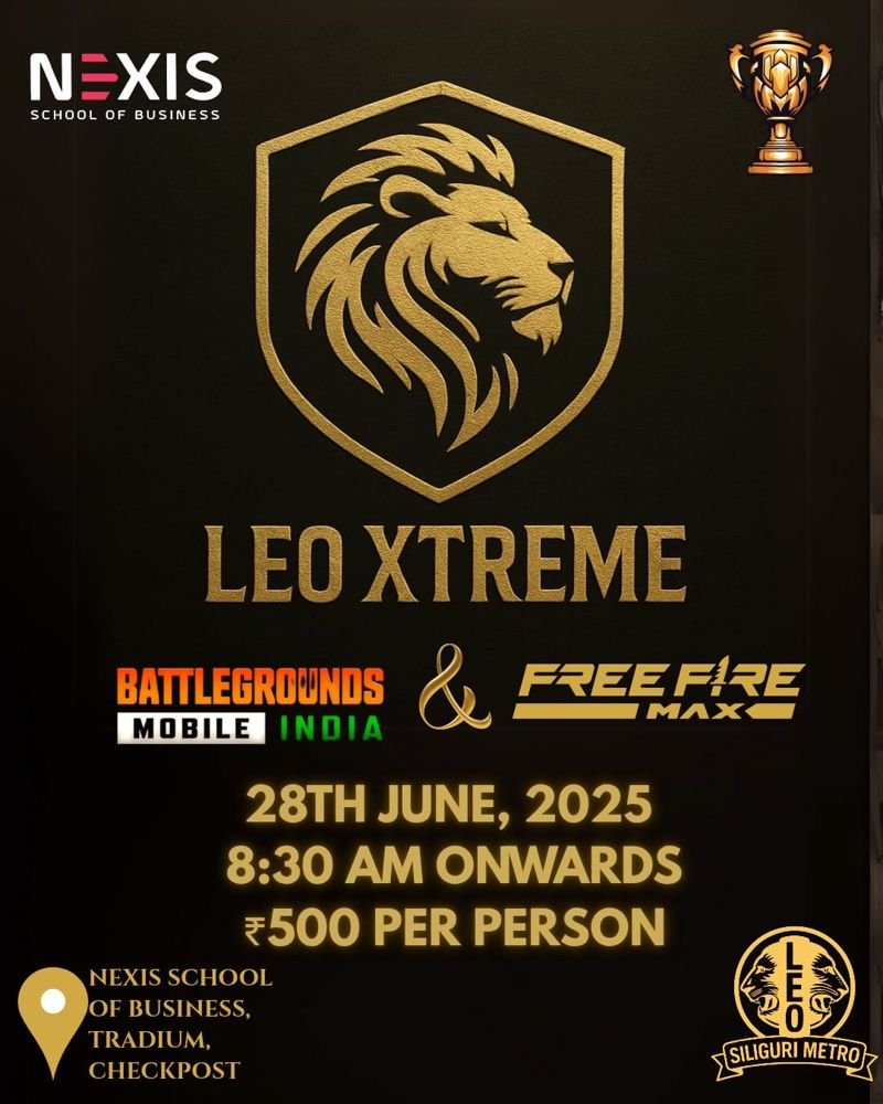 Leo Xtreme poster: BGMI and Free Fire Max, 28 June 2025, NEXIS School of Business, ₹500 per person